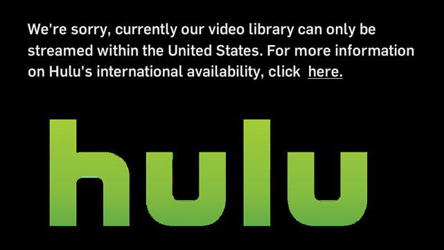 A screenshot from the Hulu website reading "We're sorry, currently our video library can only be streamed within the United States. For more information on Hulu's international availability, click here.