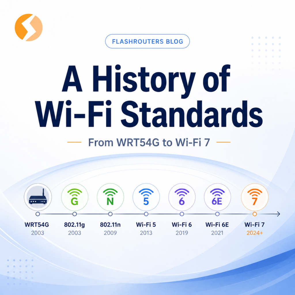 Timeline graphic showing the history of Wi-Fi standards from WRT54G to Wi-Fi 7.