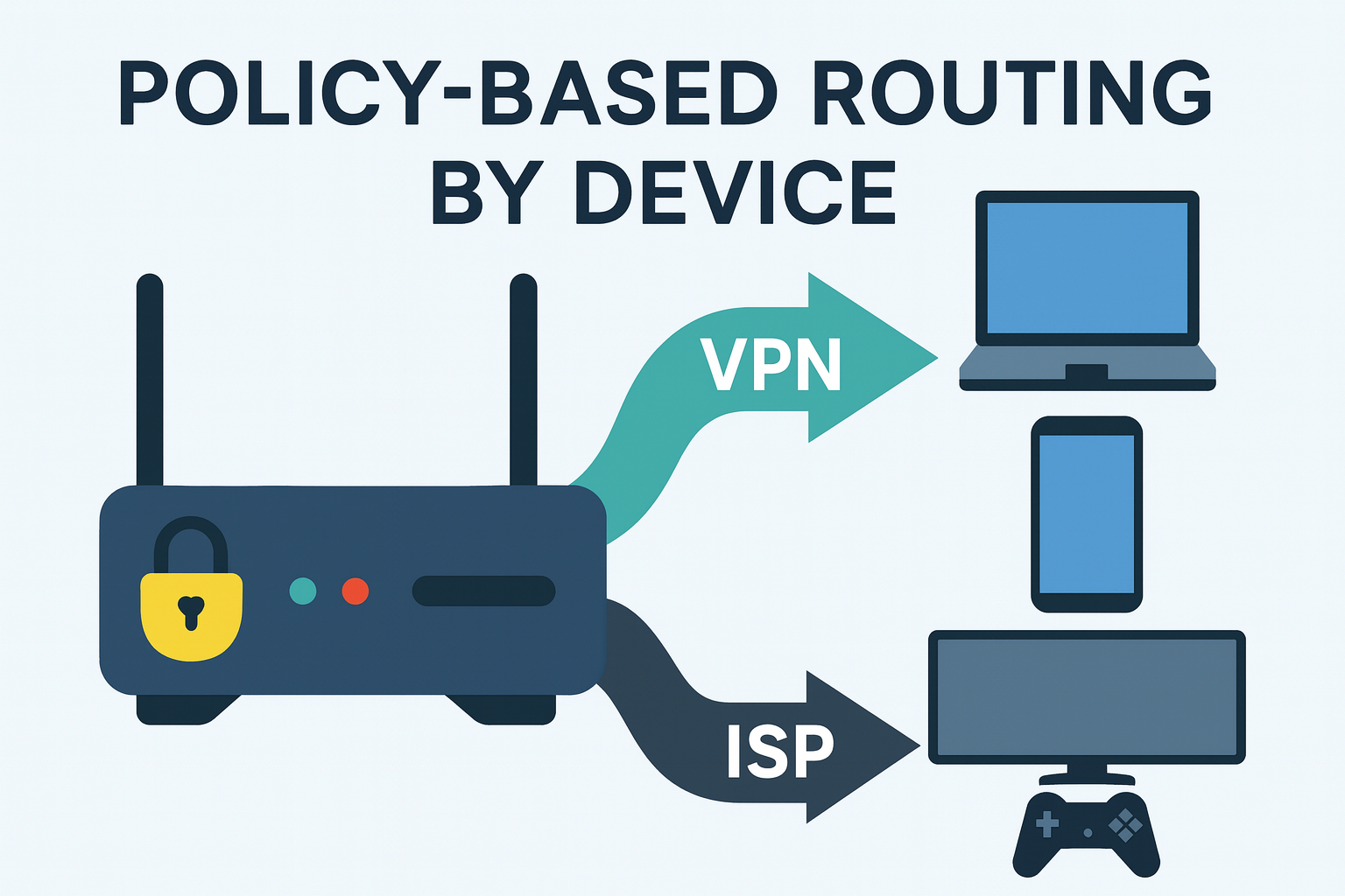 Policy-based routing by device infographic showing how FlashRouters separate VPN and non-VPN device traffic.