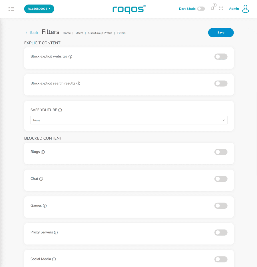 Content Filter Menu on the Roqos Core Security Hub