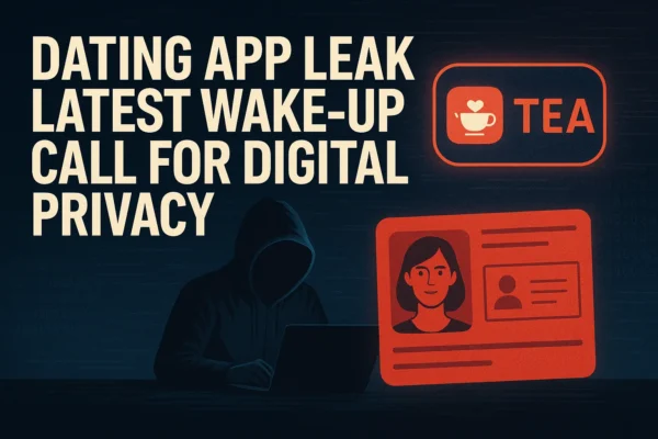 Tea app data breach Digital privacy visual showing dating app leak with exposed IDs and warning alerts.
