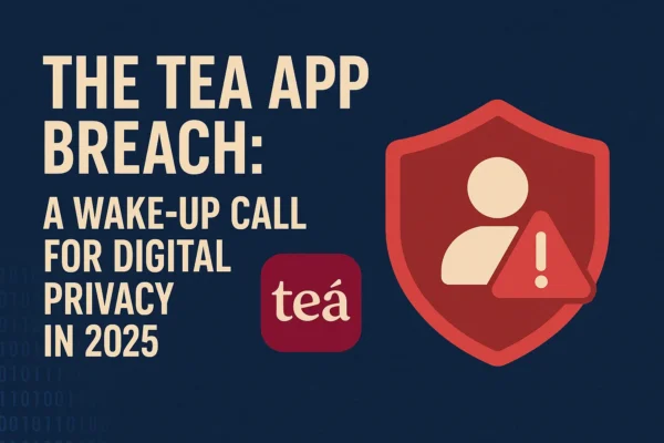 The TEA App breach 2025 blog banner highlighting digital privacy risks with warning graphics.