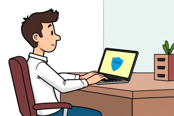 A person sits at a desk, using a laptop with a VPN enabled on the screen.