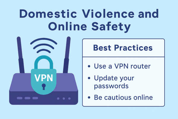 Infographic titled “Domestic Violence and Online Safety” showing a VPN-protected router and best practices for secure online activity.