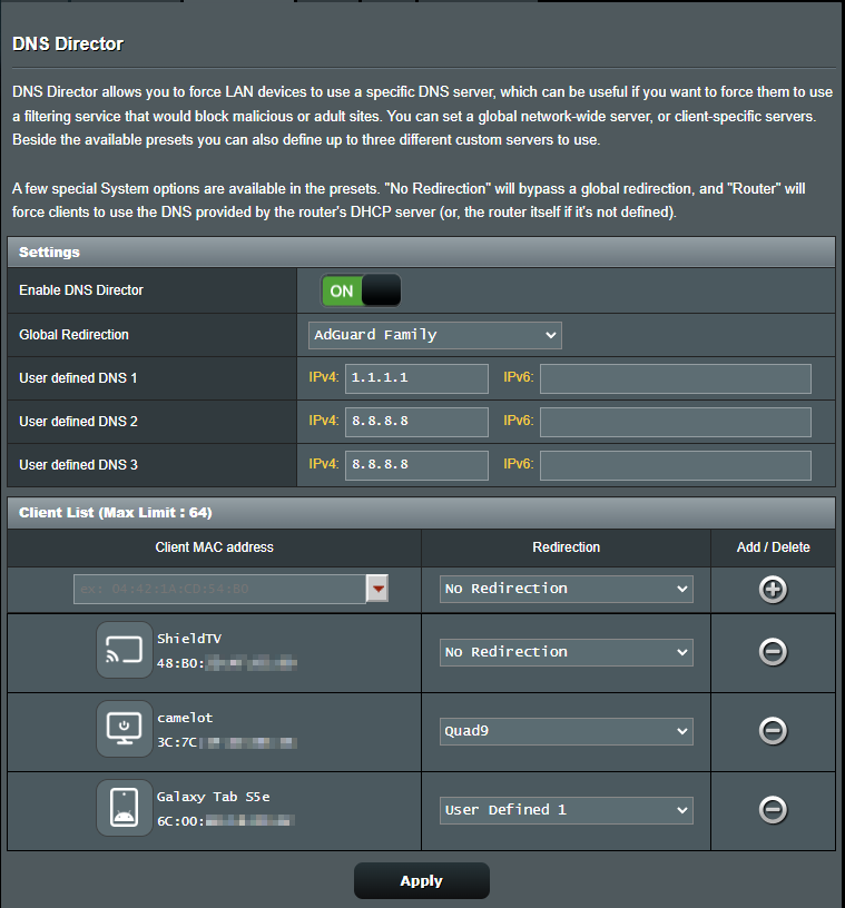 DNS Director settings in Asuswrt-Merlin showing per-device DNS routing, global DNS redirection, and client-specific DNS rules