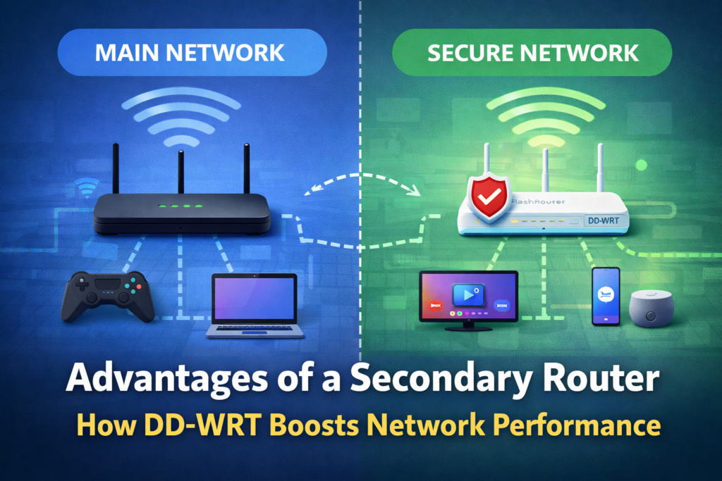Secondary router setup showing a main home network and a separate VPN router network for streaming devices and selected household devices