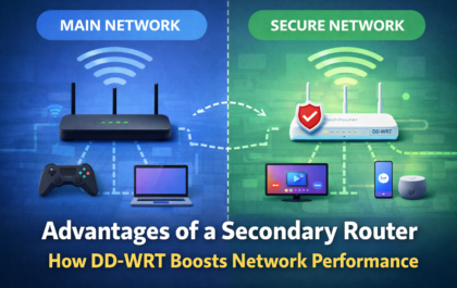 Secondary router setup showing a main home network and a separate VPN router network for streaming devices and selected household devices