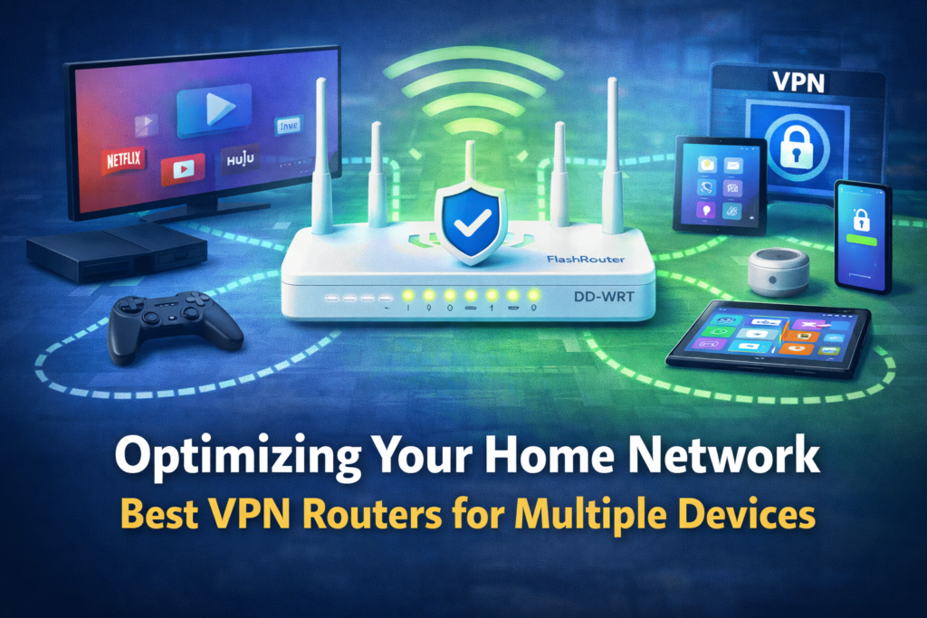 VPN router connected to smart TV streaming devices game console tablet phone and smart home devices on a dedicated home network