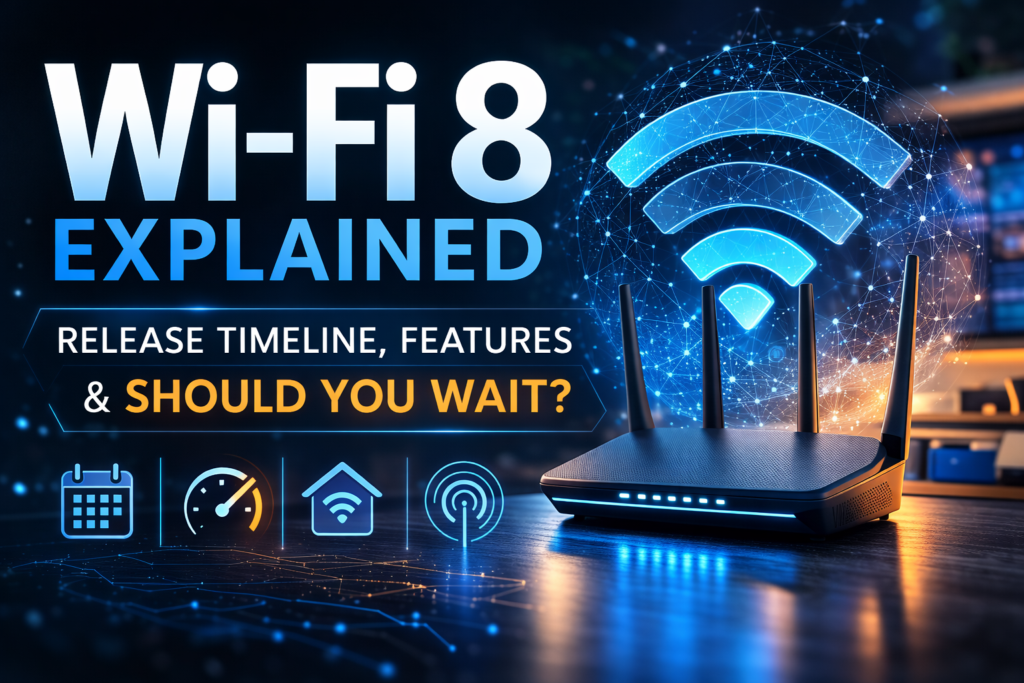 Wi-Fi 8 explained graphic showing release timeline, features, and whether to wait compared to Wi-Fi 7 routers
