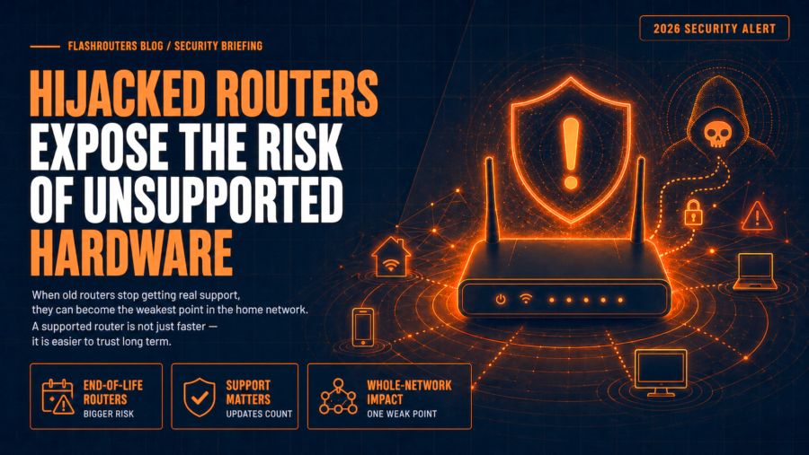 Infographic-style security graphic about hijacked routers and unsupported hardware risk