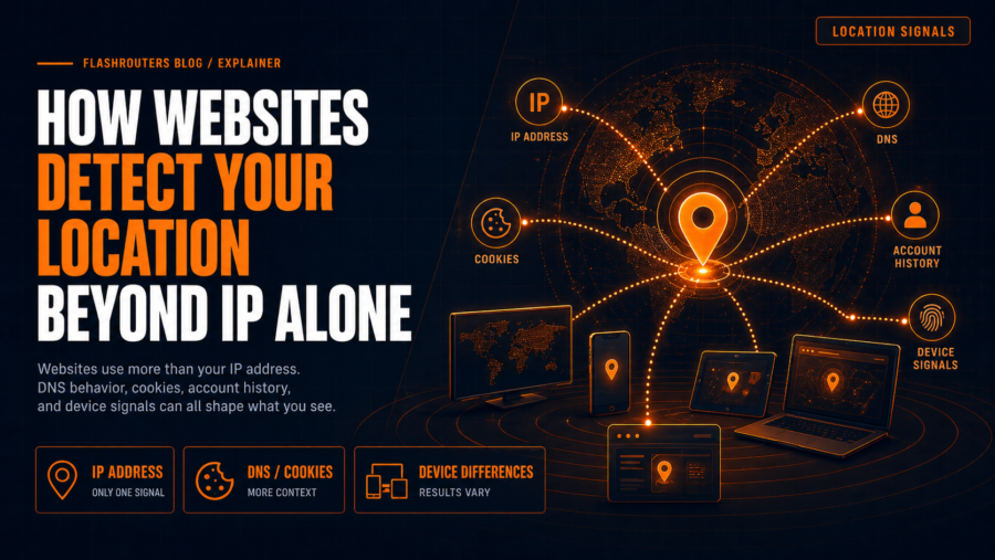 Infographic-style graphic showing how websites detect location using IP address DNS cookies account history and device signals