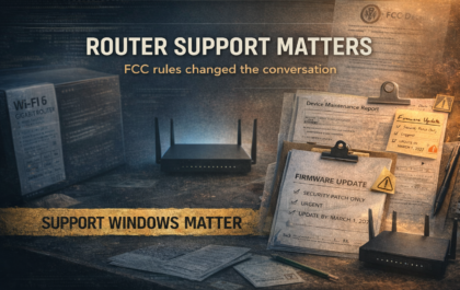 Editorial graphic about FCC router rules and why long-term router support matters for home network buyers
