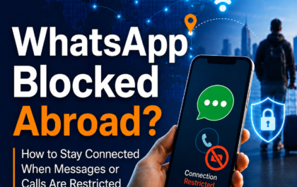Traveler using a smartphone abroad with blocked messaging and secure Wi-Fi privacy icons, illustrating how to stay connected when WhatsApp is restricted.