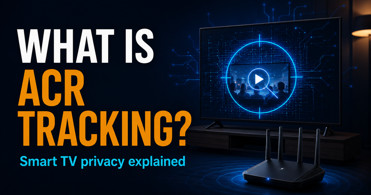 Smart TV ACR tracking graphic showing content recognition, ads, measurement, and a VPN router