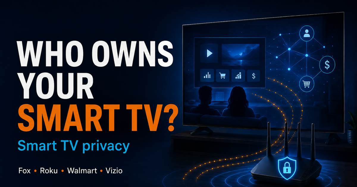 Smart TV privacy graphic showing connected TV advertising, viewer data, and router-level protection