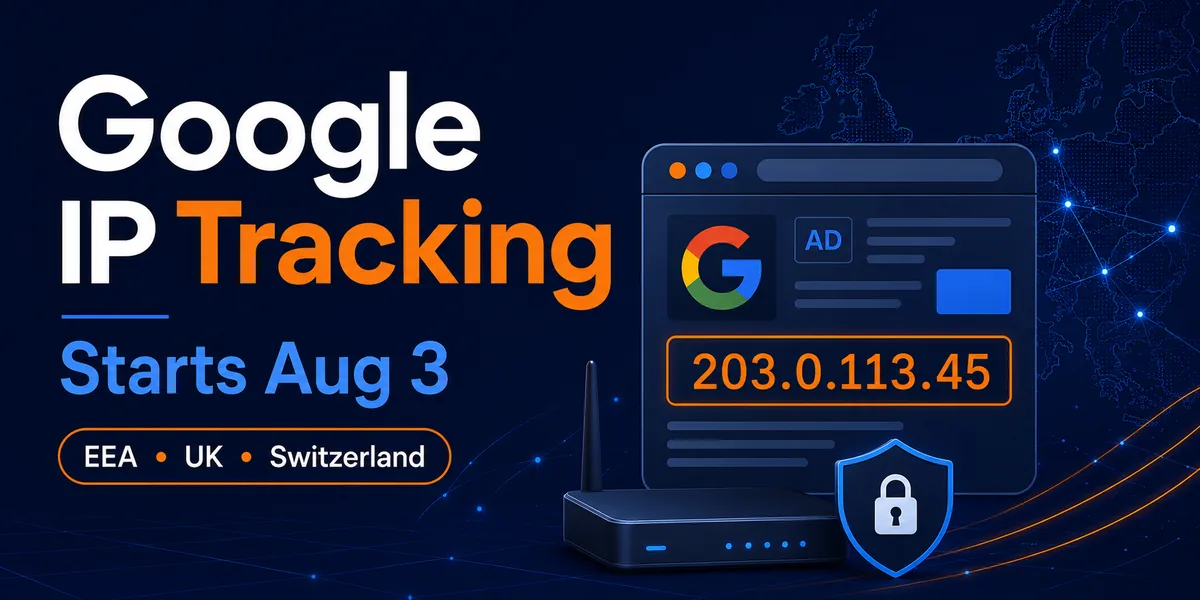 Google IP tracking banner showing ad personalization, IP address data, and VPN router protection