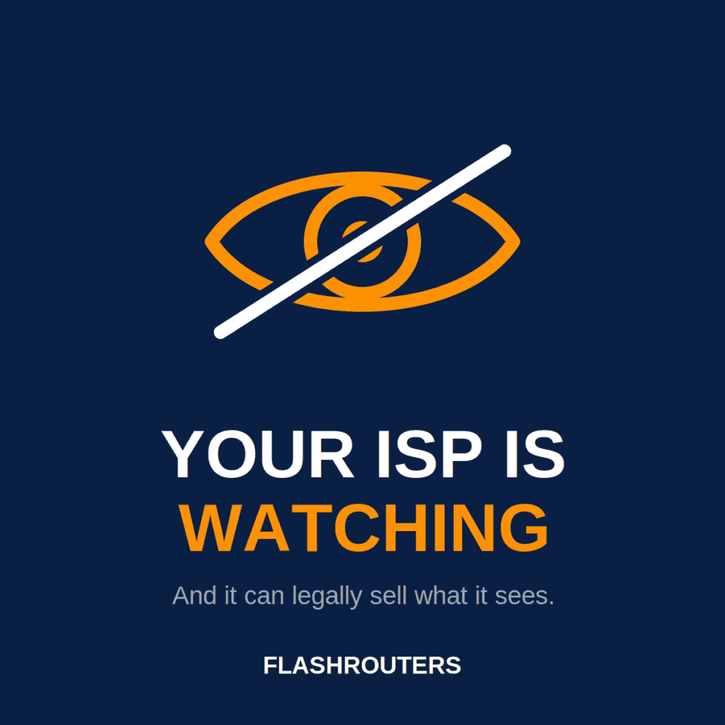 ISP browsing history tracking — crossed-out eye icon showing your internet provider can see and legally sell your browsing history.