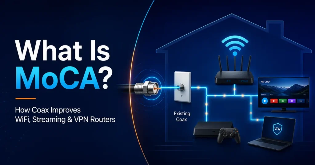 MoCA coax network diagram showing existing coax wiring connecting a router, smart TV, gaming device, and VPN laptop for improved home network stability.