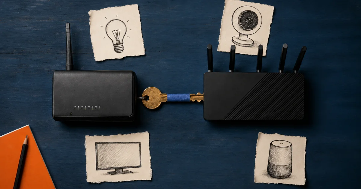 An old router and a new router connected by a key, surrounded by smart-home device sketches
