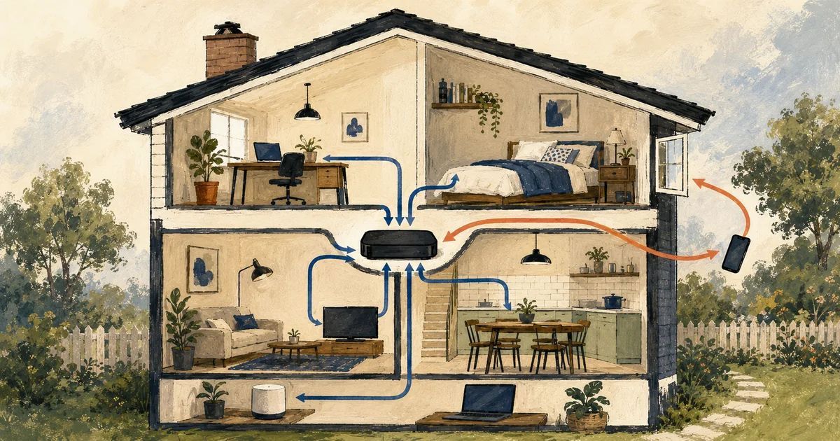 A cutaway home showing normal device traffic through a router and one private route bypassing it