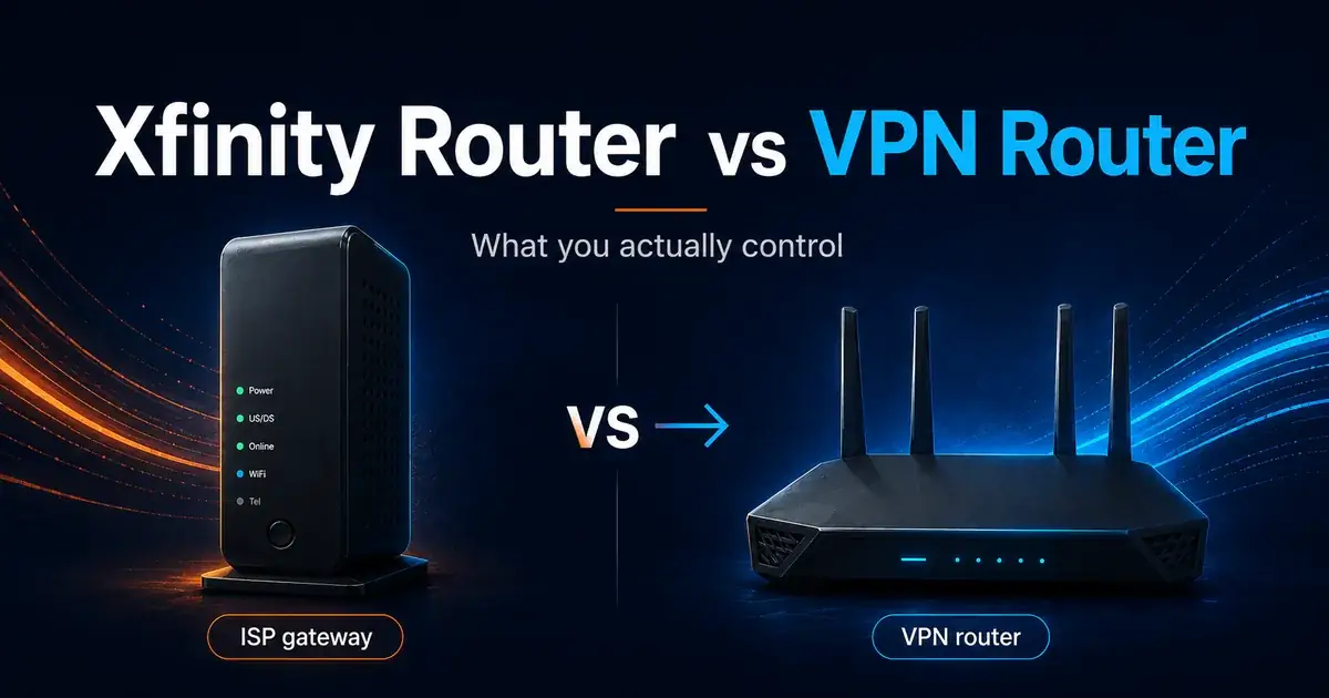 Xfinity router vs VPN router graphic showing an ISP gateway and a separate router-controlled privacy network