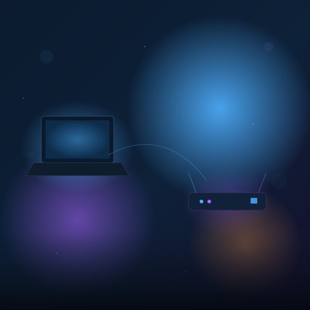 Glowing laptop and router in a dark room, representing a home network split between work and personal devices