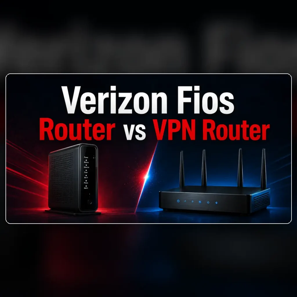 Illustrated Verizon Fios router vs VPN router comparison with a provider gateway and separate VPN router